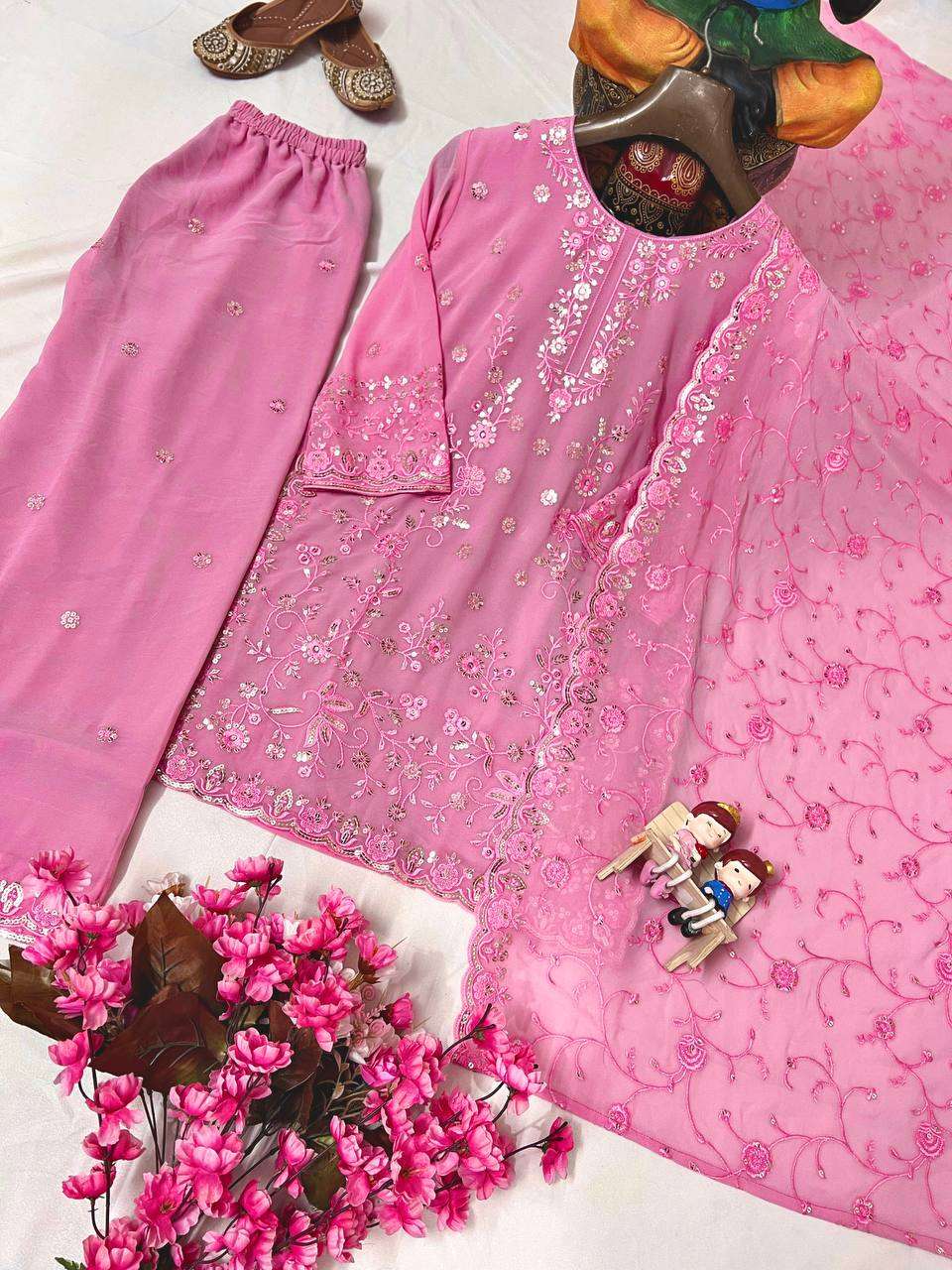 Women's Faux Georgette Embroidery work Straight Kurti With Pant and Dupatta Set - Image 8